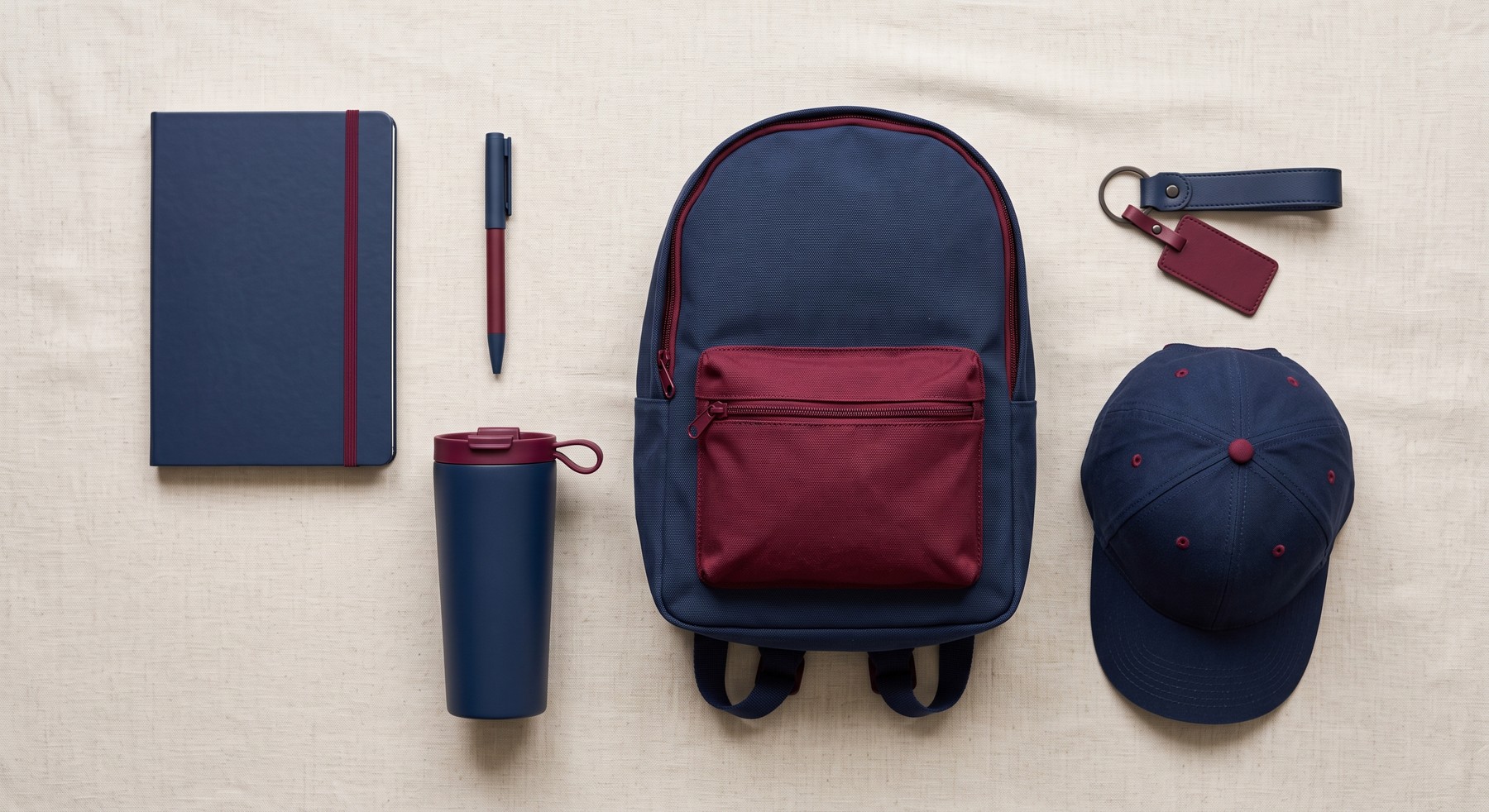 Selección del catálogo: agenda, mochila, vaso térmico, gorra y llaveros en azul marino y bordó